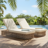 2pcs Outdoor Adjustable Chaise Lounge Chair, Handwoven Rope Base Patio Sun Lounger, 5-Position Recliner Without Cushion, Beige