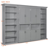 Full Size Murphy Bed Space-Saving Wall Bed with Dual Sliding Storage Cabinets & Dual 6-Tier Side Shelves, Gray