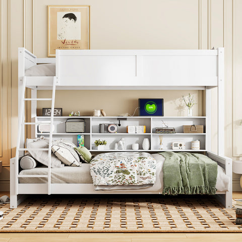 Twin XL Over Queen Bunk Bed with Storage Cabinets and USB Ports, Sturdy Pine Wood Construction