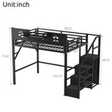 Full Loft Bed with Stairs & Built-in Wardrobe, Metal Bed Frame with LED Lights, USB Charging Station & Storage Shelves