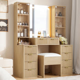 Fluted Makeup Vanity Desk Modern Vanity Table Dressing Table Set with Stool, 3-Color LED Mirror & Charging Station
