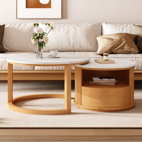 Round Nesting Coffee Table with White Marble Top, 2-Tier storage and 1 drawer, Natural, 28.5"