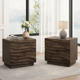 Solid Wood Nightstand, Mid-Century Modern 2-Drawer Bedside Table with Curved Wave Design, 23.6"W Accent End Table