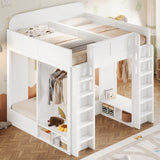 Triple Bunk Bed with Built-In Storage Shelves & Hooks, Loft Bed Frame with Safety Guardrails, Twin+Twin over Twin XL, White