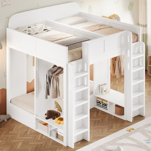 Triple Bunk Bed with Built-In Storage Shelves & Hooks, Loft Bed Frame with Safety Guardrails, Twin+Twin over Twin XL, White