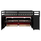 Full XL Size Loft Bed with Pull-Out Desk, Twin Trundle, 2 Storage Drawers & Storage Staircases, Multi-Functional Gaming Bunk Bed, Black+Red