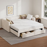 Twin to King Size Daybed with Trundle, Upholstered Extendable Sofa Bed Frame with Storage Drawers, Beige