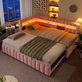Twin XL to King Size Daybed Bed Upholstered Sofa Bed with LED Lights, USB Ports & Pull Out Trundle Bed, Pink