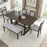 6-Piece Extendable Trestle Dining Table Set, Wood Kitchen Table with 17.7" Removable Leaf, 4 Upholstered Chairs & Bench