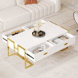 Modern White Rectangular Coffee Table with 4 Drawers and Gold Base in 47.3"