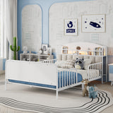 Full Size Metal Platform Bed Frame Kid Bed with Upholstered Headboard, Reversible Side Rail, LED Lights