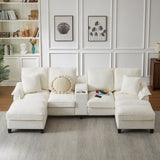 120" Modular Corduroy Sectional Sofa with Storage, Modern U-Shaped 4-Seater Sofa with Cup Holders, Beige
