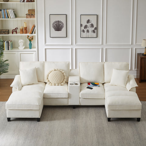 120" Modular Corduroy Sectional Sofa with Storage, Modern U-Shaped 4-Seater Sofa with Cup Holders, Beige