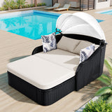 Outdoor Sunbed, Patio PE Rattan Daybed, Upholstered Chaise Lounger with Adjustable Canopy, Beige