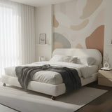 King Size Platform Bed with Gourd-Shaped Rubberwood Legs, Cream Boucle Upholstered Bed Frame, No Box Spring Needed