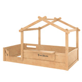 Twin Size Kids' House Floor Bed Frame, Roof Design with Guardrails & Built-in Tray