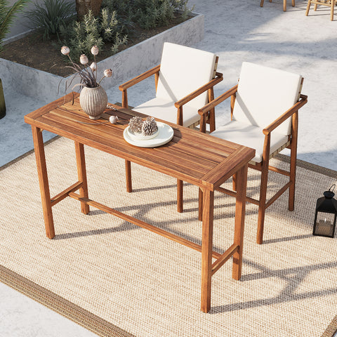 3-Piece Outdoor Acacia Wood Bar Set Patio Dining Set, Patio Counter Height Dining Table & Stools with Cushions, Natural