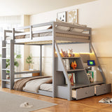 Full Size Bunk Bed Loft Bed with LED Light, USB Ports, Power Outlets, Storage Shelves & 2 Drawers, Gray