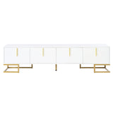 Modern TV Stand with Metal Legs and Gold Handles for TVs Up to 80'', Media Console Table with Cabinets and Adjustable Shelves, Luxury TV Cabinet with Geometric Lines for Living Room, White