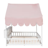 Full Size Wooden Floor Bed,House-Shaped Daybed with Fense,3 Storage Bookshelves,Curtain and LED Light