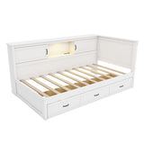 L-Shaped Bed Frame with Drawer and and Bookcase,Corner Bed Wooden Captain Bed with Led Downlight and USB Port for Small Room,Bedroom, Guest Room