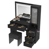 43.5" Vanity Desk with Mirror and Lights, Fluted Makeup Vanity with Charging Station, 5 Drawers and a Glass Door Cabinet, Dressing Table set with Hairdryer Holder and Storage Stool for Bedroom, Black