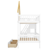 Twin Size Wooden House Roof Bunk Bed with Window Door and Roof,Storage Drawers and Staircase,White+Natural