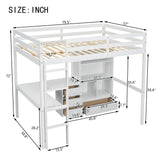 Full Size Loft Wood Bed with Desk, Storage shelves and Drawers, Built-in Ladder, High Loft Bed with Desk, Storage Shelves and Drawers,Guardrails