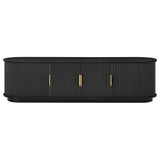 Farmhouse Wooden TV Stand with Sliding Tambour Door for TVs up to 75", Fluted Media Console with Adjustable Storage, Golden Handle TV Cabinet with Cable holes for Living Room