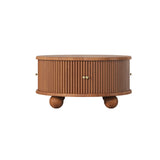 Round Fluted Coffee Table with Storage, Pine Solid Wood, Sliding Door