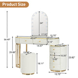 Luxury Makeup Vanity Desk with 3-Color LED Mirror & Stool, Adjustable Length Vanity Table with Movable Side Cabinet, 6 Drawers Storage, Marble-Look Sticker Top, PU Leather Drawers, Gold Stainless Steel