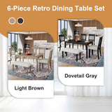 6-Piece Retro Dining Room Set, Classic Kitchen Furniture Set, Wooden Rectangular Table and 4 Chairs with Bench for kitchen & Dining Room, Easy Assembly, Space Saving