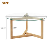 Round Glass Coffee Table Modern Cocktail Table Easy Assembly with Tempered Glass Top & Sturdy Wood Base, Natural