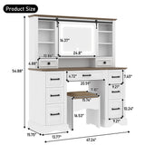 47.2" Farmhouse Makeup Vanity Desk with Sliding Mirror, Large Vanity Set with LED Lights, Dressing Table with Storage Stool and 9 Drawers, Ample Storage, White and Brown