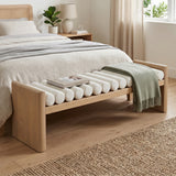 Upholstered Bench Cushioned Ottoman Bed End Bench Padded Entryway Bench Dining Bench Footrest Stool with Rolled Cushion, Teak+ Beige