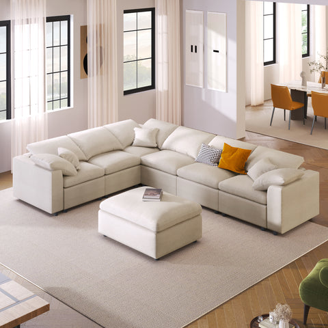 Sectional Sofa, 7-Seater Oversized Sofa with Movable Ottoman, Chenille Upholstered Modular Sofa Couch, Beige