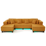 U-Shaped Sectional Sofa Upholstered Sofa Couch with Ligh t & 6 Pillows, Orange