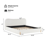 Boucle Upholstered Platform Bed with Wavy Headboard & Vertical Stitching, King Size Bed Frame, White