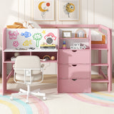Full Size Low Loft Bed with Built-in Desk, Storage Cabinets, Open Bookcase and Whiteboard for Graffiti