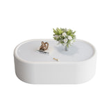 Oval Storage Coffee Table with Leather Upholstery & Tempered Glass Top, Sofa Side Table Cocktail Table Center Table, White