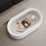 Oval Storage Coffee Table with Leather Upholstery & Tempered Glass Top, Sofa Side Table Cocktail Table Center Table, White