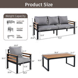 4-Piece Outdoor Patio Furniture Set with Acacia Wood Armrests, Metal Frame Patio Conversation Set with Coffee Table
