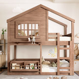 Twin Size Bunk Bed Loft Bed Kid Playful House Bed with Bookshelf & Safety Rail, Natural