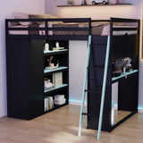 Full Size Wood Loft Bed with Blackout Curtains, USB Port, Wardrobe, Lights, Pegboard & Keyboard Tray, Black+Blue
