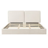 King Size Upholstered Bed Frame, Double-Pillow Platform Bed with Skin-Friendly Textured Fabric, Beige+Cream