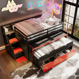 Full XL Size Loft Bed with Pull-Out Desk, Twin Trundle, 2 Storage Drawers & Storage Staircases, Multi-Functional Gaming Bunk Bed, Black+Red