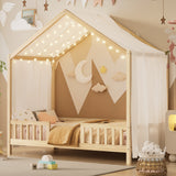 Twin Size Montessori Floor Bed with Canopy, House Shape Toddler Bed Frame with Guardrails, Wood Kids Bed, Natural