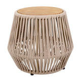 Round Outdoor Side Table, Acacia Wood Top with Handwoven Rope Base, Weather-Resistant Patio Accent Table