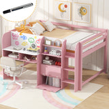 Full Size Low Loft Bed with Built-in Desk, Storage Cabinets, Open Bookcase and Whiteboard for Graffiti