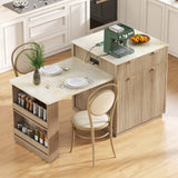 Extendable Kitchen Island Storage Dining Table with 2 Drawers, Power Outlet & Side Open Shelves, Natural
